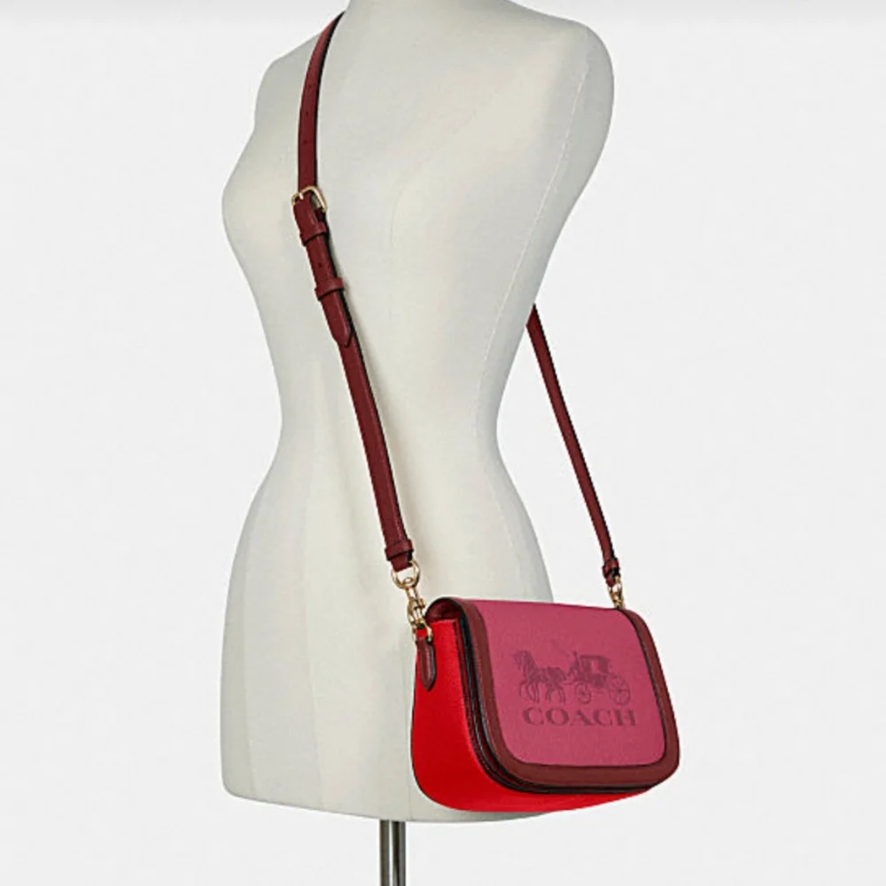 Coach Saddle with Horse & Carriage Leather Crossbody Colorblock Pink Ra - Picture 16 of 16